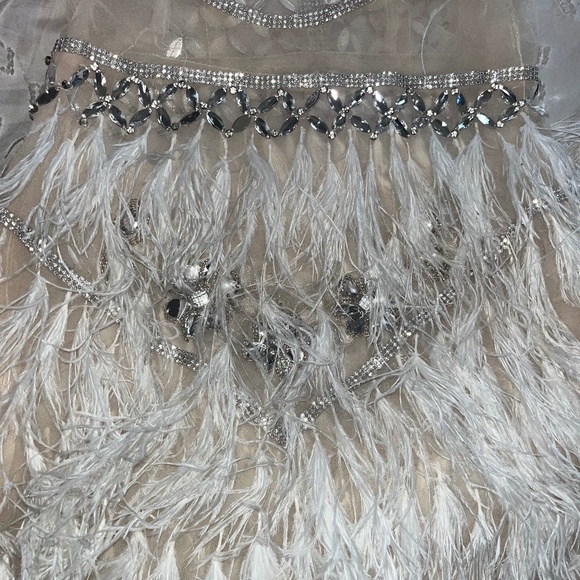 Short Feather Cocktail Backless Spaghetti Crystal Beads Mini Evening Gown - Picture 2 of 14